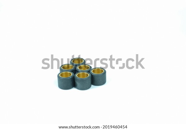 Engine spare parts, belt system isolated on\
white background.