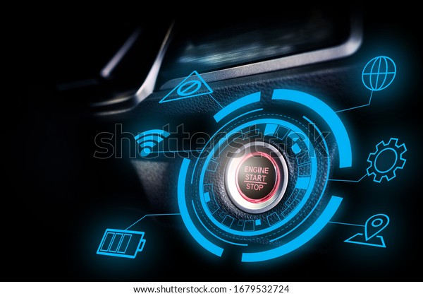 Engine start stop buttom of futuristic\
autonomous smart car with technology\
display