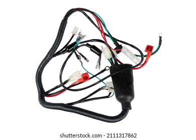 Engine wiring harness jumper wire plug isolated on white background. Car wiring with adapters and connectors and electrical contacts. Car wire.