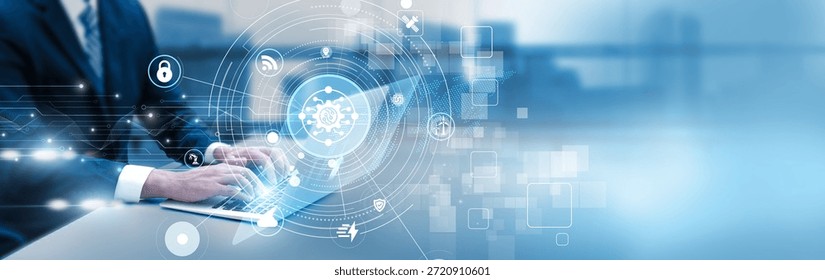 Engineer analyzing CPS network on laptop, real-time data integration, IoT devices, and automation monitoring system.