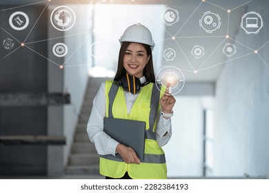 Engineer analyzing of under construction project with technology and new innovative on digital tablet and icon network of construction on virtual interface