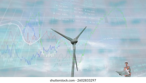 Engineer analyzing wind turbine data with charts overlaying sky background. Renewable, energy, sustainable, technology, analysis, engineering