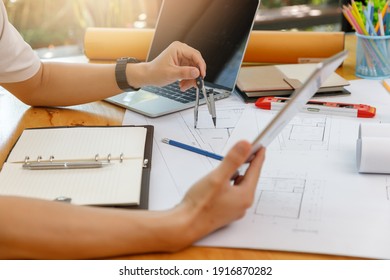 Engineer and Architect concept, Engineer Architects  and Interior designer working with blueprints - Shutterstock ID 1916870282