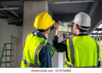 Engineer, architect and construction supervisor Use tablet to record information while inspecting construction work. Construction supervisor, architect or engineer inspect construction inside building - Shutterstock ID 2172756483