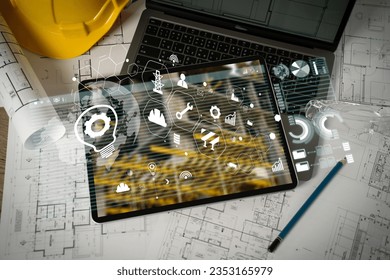 Engineer architect industry 4.0 using tablet construction site, industrial and innovation infographic at building futuristic architect control innovation safety design
