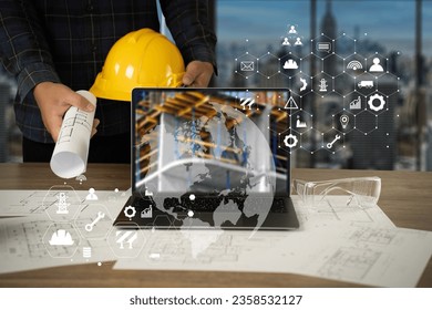 Engineer architect industry 4.0 using tablet construction site, industrial and innovation infographic at building futuristic architect control innovation safety design