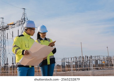 Engineer and architect are working together to plan the installation of wind turbines to provide backup power in earnest.