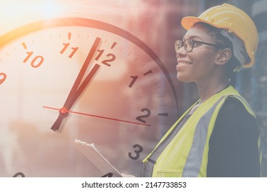 Engineer Black Smart Woman Worker In Factory Overlay With Time Clock For Working Hours Concept.