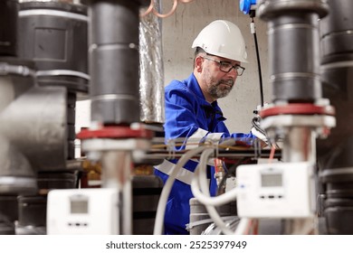 Engineer in Blue Coveralls wearing white hard helmet Performing Preventive Maintenance in Boiler Room – Industrial Service in Energy Industry.