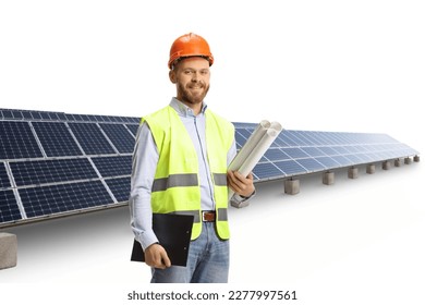 Engineer blueprints and a document with a clipboard in front of a solar field isolated on white background