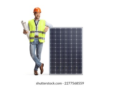 Engineer with blueprints leaning on a solar panel isolated on white background - Powered by Shutterstock