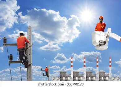 Engineer in a bucket high up of a crane truck use radio communication for command working to electricians at the pole connect electric wire to power plant
