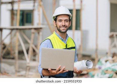 Engineer Builder. Happy Foreman Work In Construction Site. Senior Worker Project Designer Leader Concept.