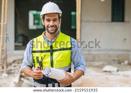 Engineer builder. Happy Foreman work in construction site. senior worker project designer leader concept.