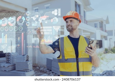 Engineer builder worker using advance technology digital hologram infographics touch panel in housing construction industry.