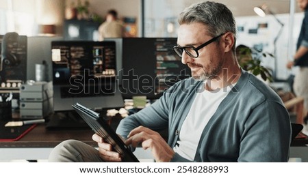 Engineer, business man and code on tablet for software development, scroll or online update. Programmer, digital technology or mature manager design ui, website or game app in creative startup office