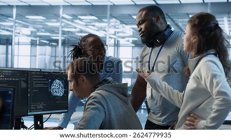 Engineer calling colleagues after finding error in code while doing checkup on server room used for AI workloads. Man requesting help from coworkers after finding bug in data center systems, camera A