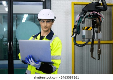 Engineer check and control welding robotics automatic arms machine in intelligent factory automotive industrial with monitoring system software. Digital manufacturing operation. 