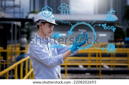 Engineer check water quality in glass bottom program for wastewater treatment pond to check the quality hologram showing safe environment atmosphere process in safety industry environment concept.