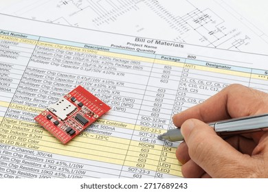 Engineer checking a bill of materials with an electronic module, representing PCB design validation, component selection, cost control, and electronics manufacturing planning.