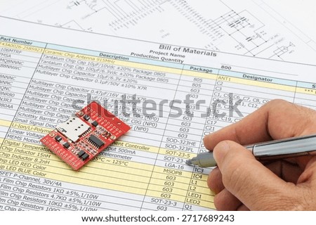 Engineer checking a bill of materials with an electronic module, representing PCB design validation, component selection, cost control, and electronics manufacturing planning.