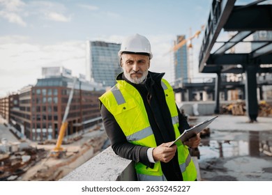 Engineer checking building documentation on clipboard at construction site.