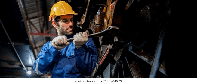 Engineer checking construction process railway and checking work on railroad station . Railway engineer checking machines in train station. Train engineer concept