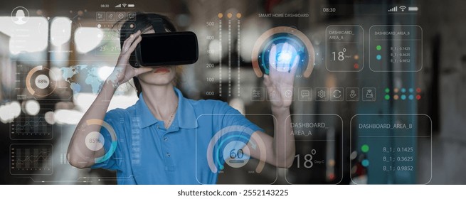 Engineer checking construction process railway and wearing virtual reality glasses(VR) checking work on railroad station . Railway engineer checking machines with virtual reality glasses(VR)