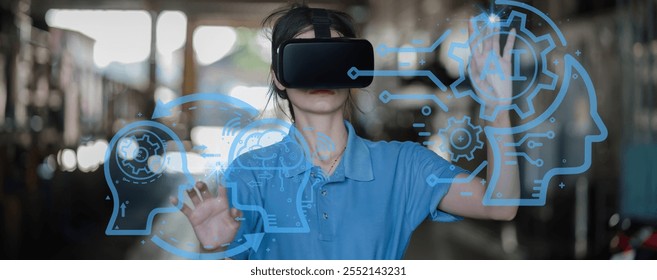 Engineer checking construction process railway and wearing virtual reality glasses(VR) checking work on railroad station . Railway engineer checking machines with virtual reality glasses(VR)