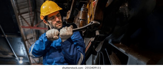 Engineer checking construction process railway and checking work on railroad station . Railway engineer checking machines in train station. Train engineer concept