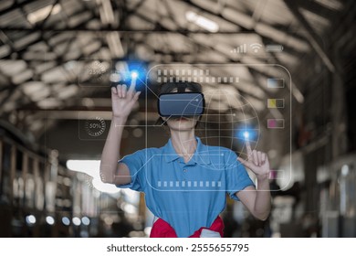 Engineer checking construction process railway and wearing virtual reality glasses(VR) checking work on railroad station . Railway engineer checking machines with virtual reality glasses(VR)