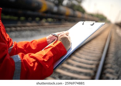 An engineer is checking heavy machine checklist form during inspecting condition, with blurred background of train and railway. Transportation industrial working with safety practice, close-up. 
