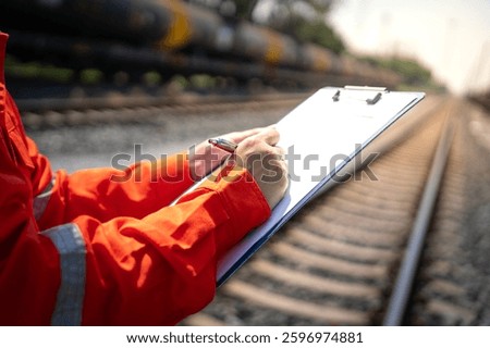 An engineer is checking heavy machine checklist form during inspecting condition, with blurred background of train and railway. Transportation industrial working with safety practice, close-up. 