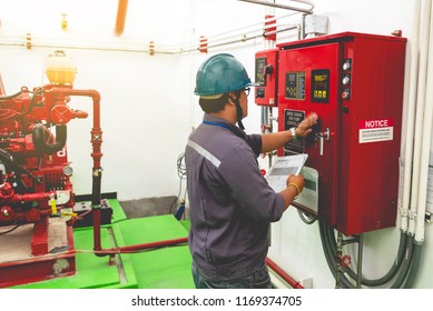 Engineer Checking Industrial Generator Fire Control System, Diesel Engine Fire Pump Controller