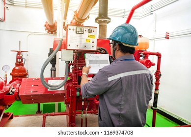 Engineer Checking Industrial Generator Fire Control System, Diesel Engine Fire Pump Controller