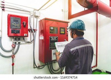 Engineer Checking Industrial Generator Fire Control System, Diesel Engine Fire Pump Controller
