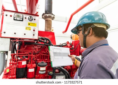 Engineer Checking Industrial Generator Fire Control System, Diesel Engine Fire Pump Controller