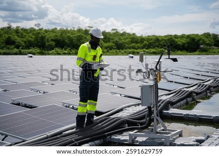 Engineer checking solar panels on a floating buoy. The power plant uses water and renewable energy to produce eco-friendly electricity.