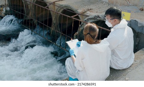 Engineer Checking Water Treatment Plant,chemical Wastewater Discharge Area.