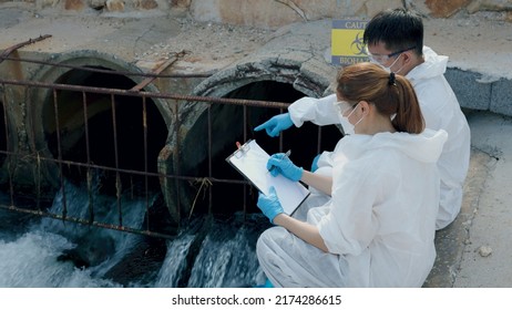 Engineer Checking Water Treatment Plant,chemical Wastewater Discharge Area.