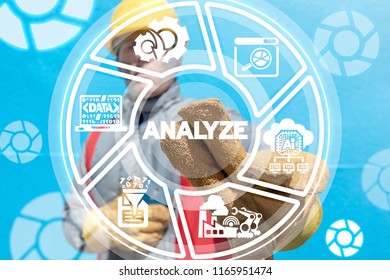 Engineer clicks a analyze word button on a virtual panel. Analyze Industry Data concept. Industrial Information. Analyzing Manufacturing.
