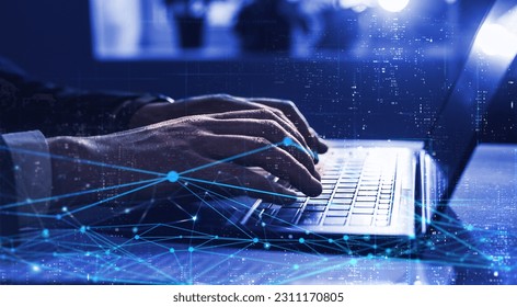 IT engineer coding on a modern computer with the help of artificial intelligence (AI). Big Data software development. Software apps developer and IT revolution.Digital software development.
