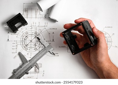 Engineer comparing a plastic component with its technical drawing using a caliper, ensuring precise measurements and quality control.