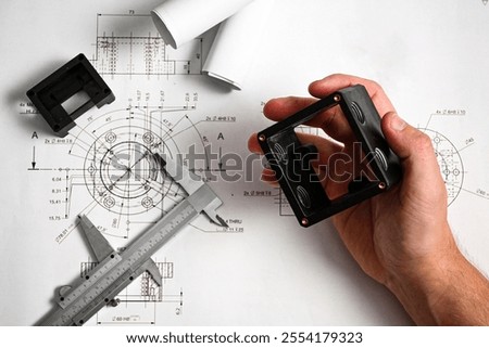 Engineer comparing a plastic component with its technical drawing using a caliper, ensuring precise measurements and quality control.