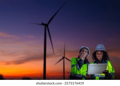 Engineer  concentration table integration of technology and renewable energy management wind farm during sunset or sunrise silhouetted environmental sustainability cleaner energy solutions concept.