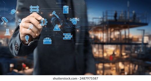 Engineer concept. Construction with machine icons or construction technology.