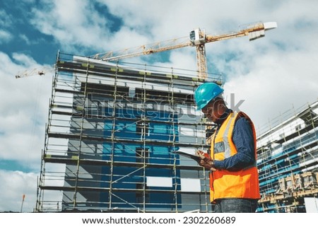 Engineer, construction and a man with a tablet for project management, development and architecture. Black male contractor with mobile app for engineering and safety inspection or planning outdoor