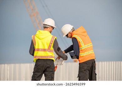 Engineer or construction worker engaged in a discussion reviewing plans project stand in front arm of a crane visible, indicating heavy lifting activities are part of the site operations concept.