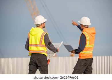 Engineer or construction worker engaged in a discussion reviewing plans project stand in front arm of a crane visible, indicating heavy lifting activities are part of the site operations concept.