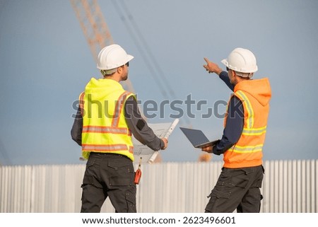 Engineer or construction worker engaged in a discussion reviewing plans project stand in front arm of a crane visible, indicating heavy lifting activities are part of the site operations concept.
